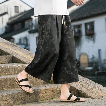 Летние широкие брюки Icesilk Мужские восьмые брюки Китайский стиль Традиционный Ханьфу Свободный Дракон Узор Жаккардовые Брюки Мужские Брюки