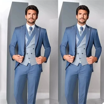 новейший великолепный синий мужской костюм 3 шт. Костюм Homme Жених Выпускной Свадебный Блейзер (Куртка + Брюки + Жилет) Terno Masculino Slim Fit
