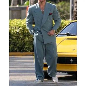 Элегантные однотонные мужские костюмы Шикарный пиковый лацкан двубортный набор из 2 предметов High Street Casual Wedding Groom Blazer с брюками