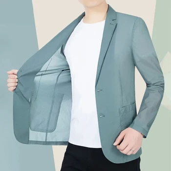 Летняя куртка для защиты от солнца Мужские повседневные ледяные шелковые топы Сплошное пальто Однобортный карманный блейзер Корейская модная одежда 2023