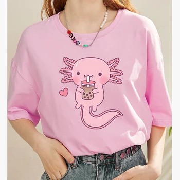 Bubble Tea Женские футболки Розовый Axlotl Kawaii Print Футболка Уличный хип-хоп Укороченный топ Прохладная летняя футболка Хлопок Модная одежда