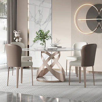  Легкий роскошный круглый обеденный стол и стул из каменной плиты в сочетании с геометрическим дизайном из нержавеющей стали, популярный итальянский элитный класс
