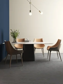 Светлый роскошный обеденный стол с яркой каменной плитой, современный домашний прямоугольный обеденный стол и стул, комбинация Nordic Pandora marbl