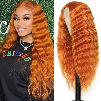 Кружевные передние синтетические волосы Парики с глубокими волнами Оранжевый Высокая плотность Бесклеевые термостойкие парики для волос Натуральная линия роста волос