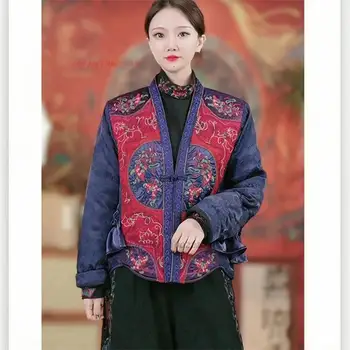 2024 Китайское улучшенное пальто Ханьфу с V-образным вырезом Танг-костюм Традиционная этническая цветочная вышивка Теплая куртка Топы ханьфу Пальто с хлопковой подкладкой