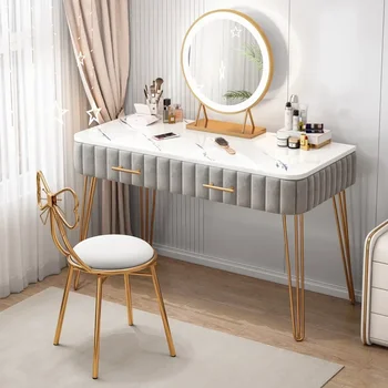  Современная внутренняя мебель Спальня Туалетный столик Светодиодный свет Зеркало Ювелирные изделия Органайзер для макияжа Свет Роскошный минималистичный стол для макияжа
