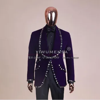 Роскошные свадебные костюмы жениха для мужчин камни бусины смокинг брюки 2 шт. мужской выпускной вечер фиолетовый бархатный блейзер с черными брюками