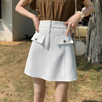 2023 Новая летняя однотонная женская юбка с высокой талией Корейская мода на молнии Короткая юбка А-силуэта Повседневные мини-юбки Одежда Y2K