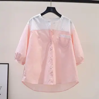  Белый пэчворк Розовые рубашки Женщины 98% хлопок Рубашка с рукавом три четверти Модная блузка с круглым вырезом Лето 2023 Тренд Тонкие топы Y2k