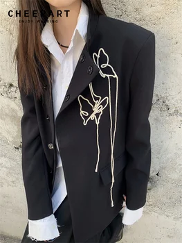CHEERART Винтажный черный блейзер для женщин Вышивка Бабочка Дамский блейзер Куртка Дизайнерские костюмы Пальто для женщин 2023