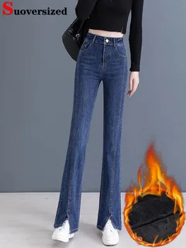 Зимние плюшевые джинсы-клеш с бархатной подкладкой с высокой талией Теплые узкие джинсовые брюки Корейский утолщенный уличный бель Kot Pantolon