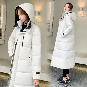 Корейская версия зимних парков Женские длинные женские хлопковые парки с капюшоном и толстым белым пальто Зимняя одежда Женщины