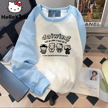 Sanrio Hello Kitty Модные топы Осень Новый мультфильм Милые пуловеры с круглым вырезом Женщины Универсальная одежда Y2k Толстовки с длинным рукавом