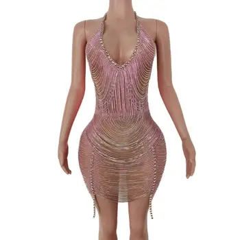 2023 Новые поступления Летняя женская одежда Сексуальное клубное платье с глубоким V-образным вырезом и розовыми бриллиантами Сексуальные мини-платья для вечеринок для женщин Барные костюмы