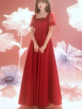 Wine Красное Летнее Платье Элегантный Однотонный Кружево Квадратный Вырез Длинная А-образная юбка Модное вечернее платье M070