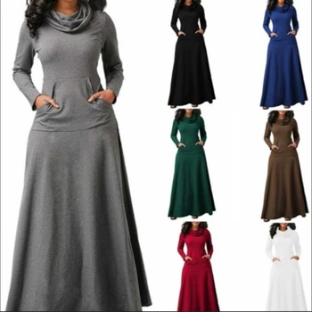 Plus Размер 5XL Элегантное длинное макси-платье Осень-зима Теплое женское платье с длинным воротником и длинным воротником 2023 Женская одежда с карманом