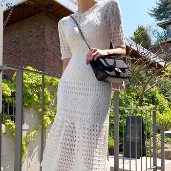 Белый Шик Платье Женщины О-образный вырез Полый Элегантный Облегающий Платье Женское С Высокой Талией Корейская Мода Сексуальная Женская Одежда