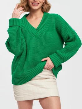 Винтажный женский свитер оверсайз Базовый универсальный мягкий толстый трикотажный пуловер с V-образным вырезом для женщин Зеленый трикотажные джемперы в рубчик Топ