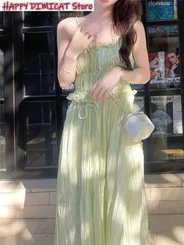  пляж облегающее платье корейская мода лето винтаж сладкий ремешок вечернее платье миди для женщин элегантная вечеринка женская фея зеленый