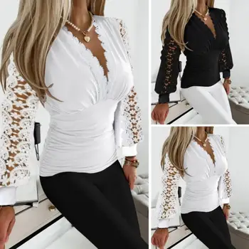 Легкая женская рубашка Модная женская рубашка с V-образным вырезом и кружевной строчкой Удобный осенний топ с длинным рукавом со сплошным цветом Леди