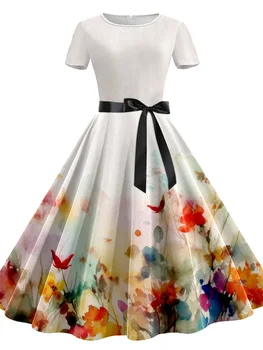 2023 Новое платье Harajuku Retro Print Женщины 1950-х годов 60-х годов Платье в стиле рокабилли Халат Femme Лето Повседневный Цветочный Офис Вечеринка Vestidos