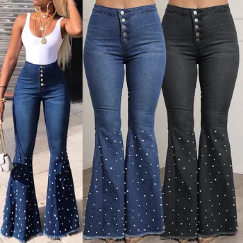 Stretch Flare Jeans Женские джинсовые брюки с высокой талией и широкими штанинами Повседневные брюки с расшивкой бисером Skinny Bell Bottom Pocket Брюки