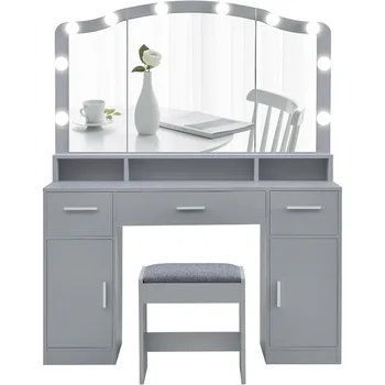 Большой туалетный столик с зеркалом и подсветкой, серый туалетный столик для макияжа, туалетный столик с табуретом для женской мебели для спальни