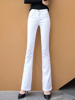 Женские белые хлопковые джинсовые брюки-клеш Mom's Fomal Skinny Stretch Jeans Trend Candy Color Узкие ковбойские брюки OL PantalonesN255