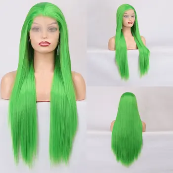  Светло-зеленый синтетический волос Кружева Передний парик Бесклеевой длинный прямой термостойкий волокно Натуральный волосяной покров Свободный пробор для женщины