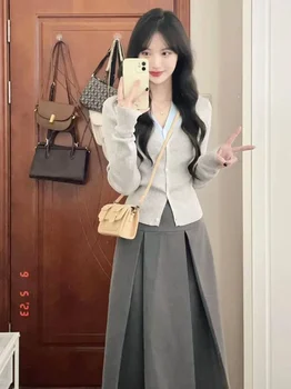 корейский комплект из двух частей Модный женский тонкий трикотажный серый кардиган Полуплатье Студент премиум-класса Сладкий ранний осенне-зимний топ юбки