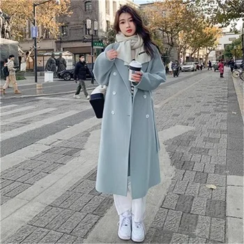 синее двустороннее кашемировое пальто женское 2023Осень-зима Новая корейская версия Двубортная шерстяная верхняя одежда с длинными рукавами