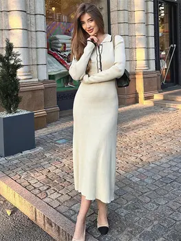 Polo Collar Beige Long Knit Dresses Для женщин Осеннее тонкое вязание крючком на одной пуговице Платье 2023 Элегантный халат Commter Out