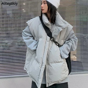 Зимние жилеты для женщин Теплая куртка с воротником-стойкой Свободная мода Корейский стиль Колледж Утолщение Пальто без рукавов Уличная одежда Шикарные подростки