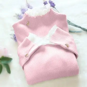 пуловер свитер элегантный пэчворк кружевной свитер для женщин приталенный крой с воротником до полувысокого воротника трикотажный пуловер осень зима сплошной цвет