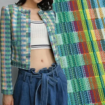 Классическая мода Зеленое клетчатое твидовое платье из ткани DIY Light Luxury High-Grade Ethnic Blend Piece Free Cut Textile Clothing