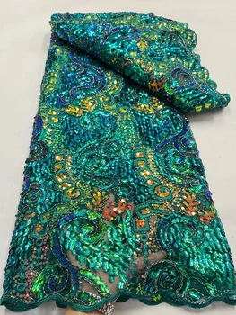 Роскошные африканские сетчатые ткани Вышивка для женщин Шитье свадебных платьев Зеленый нигерийский тюль с пайетками Кружевная ткань 5 ярдов Одежда