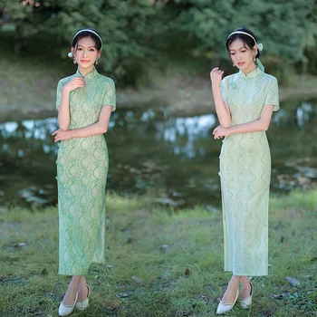 2023 Новое поступление Женское зеленое кружево Qipao Винтаж Китайский стиль Cheongsam Лето Сексуальное платье для вечеринки Vestidos