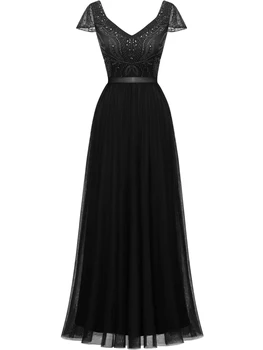 Черные вечерние платья Элегантное вечернее платье для женщин Тюль А-силуэт Кепка Рукава Бисер Формальные платья для торжественных случаев