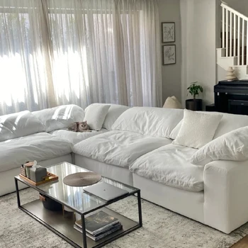 Высококачественный удобный уютный пух белый лен перо кремово-бежевый тканевой диван L-образный угловой модульный диван-кушетка