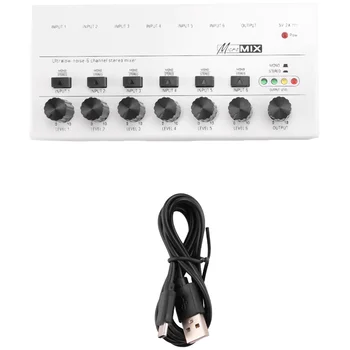 6-канальный аудиомикшер Мини-стерео микшер Профессиональный звуковой микшер 6,35 мм USB-микшер с низким уровнем шума для студии звукозаписи, белый