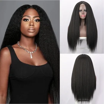  Кудрявые прямые парики Yaki без челки для женщин Натуральные синтетические парики с длинными волосами 30-дюймовый черный афро пушистый парик термостойкий