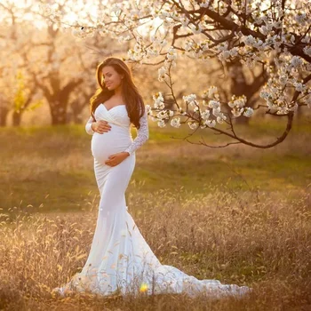 Беременные женщины с открытыми плечами и длинным рукавом Кружевное платье для беременных V-образным вырезом Русалка Макси Фотография Платье Фотосессия Baby Shower
