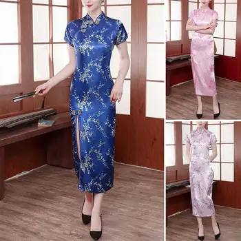 Женщины Cheongsam Платье с цветочным принтом Боковой разрез Вечернее платье для вечеринок Китайский стиль Воротник-стойка Qipao Элегантный искусственный атлас длинный