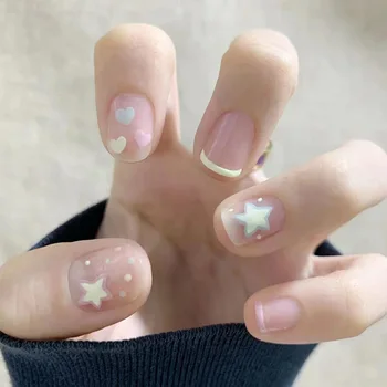 Симпатичная короткая звезда Пудра для ногтей Прозрачная французская девушка Ins Style Ношение ногтей Sweet Girl Style Наращивание ногтей
