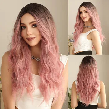 омбре розовый длинный красочный парик для женщин средняя часть водяной волны парики натуральные синтетические волосы термостойкий ежедневный косплей для вечеринок