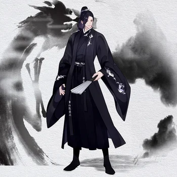 Японский самурай Черный дракон Вышивка Мечник Ханьфу Традиционный китайский стиль Одежда Большой размер Унисекс Длинный халат
