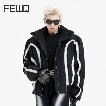 FEWQ Мужская мужская куртка из хлопка в американском стиле Стоячая шея Дизайн на молнии Ниша Хлопковое пальто 2024 Мужской топ контрастного цвета 24X4361