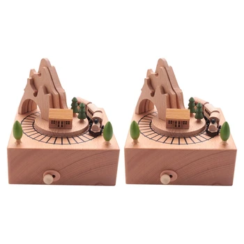 2X Деревянная музыкальная шкатулка с горным туннелем с маленьким движущимся магнитным поездом