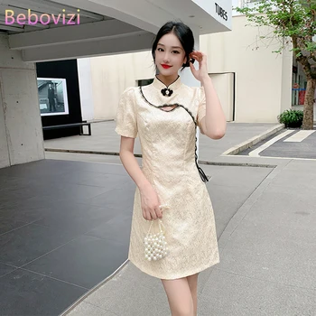 Мода Современный улучшенный Cheongsam Новая молодая девушка Короткое лето с коротким рукавом Китайский стиль Qipao Платье