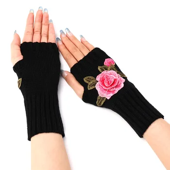 2023 Новая осень-зима женские короткие модные вышитые цветочные перчатки вязаные шерстяные рукава теплые варежки перчатки без пальцев женские